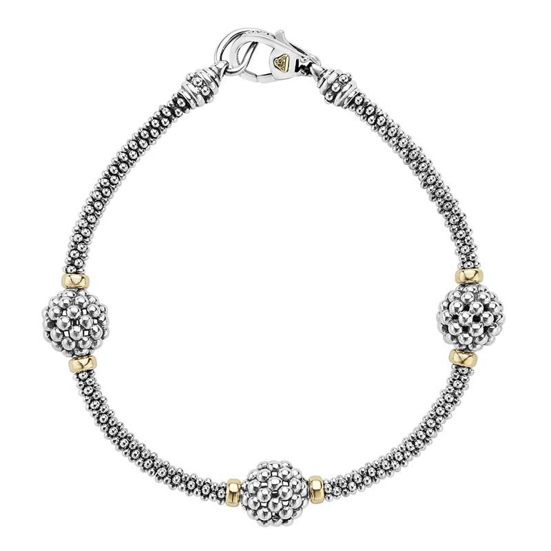 Lagos 18K Yellow Gold and Sterling Silver Signature Caviar Three Station Caviar Beaded 3mm Bracelet