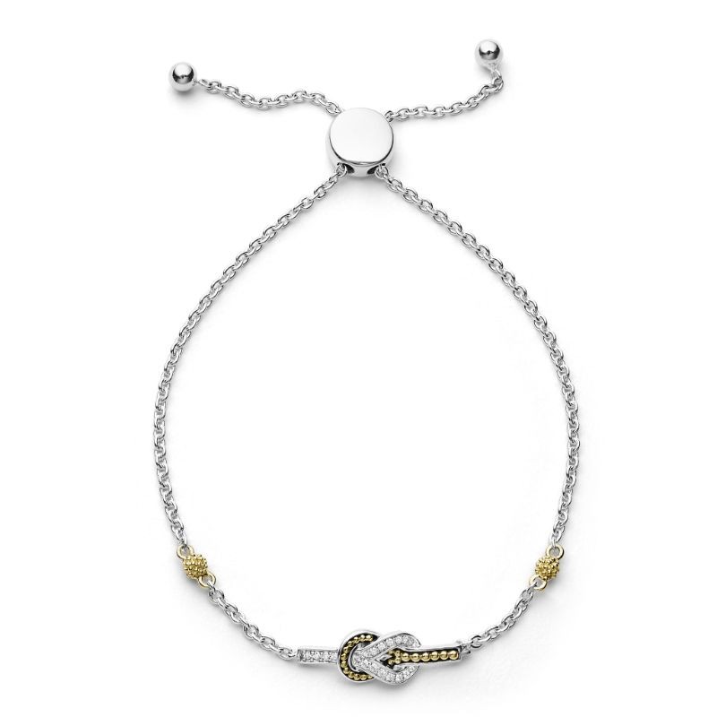 Lagos Sterling Silver & 18K Yellow Gold Newport Caviar Bead Station Bolo Link Bracelet with Round Diamonds 0.09 Tcw G-H SI Size 7