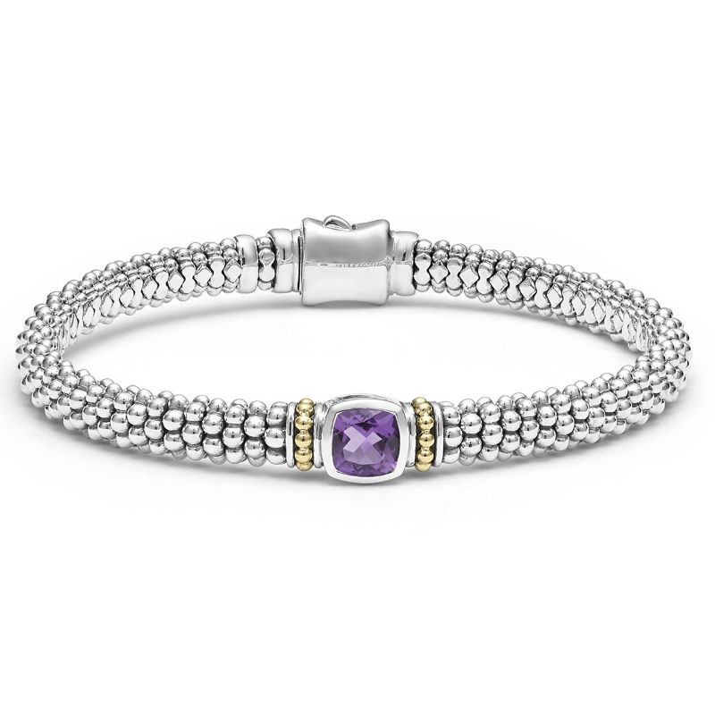 Lagos Sterling Silver & 18K Yellow Gold Caviar Amethyst 6X6 Cushion 6mm Rope Bracelet Size 7