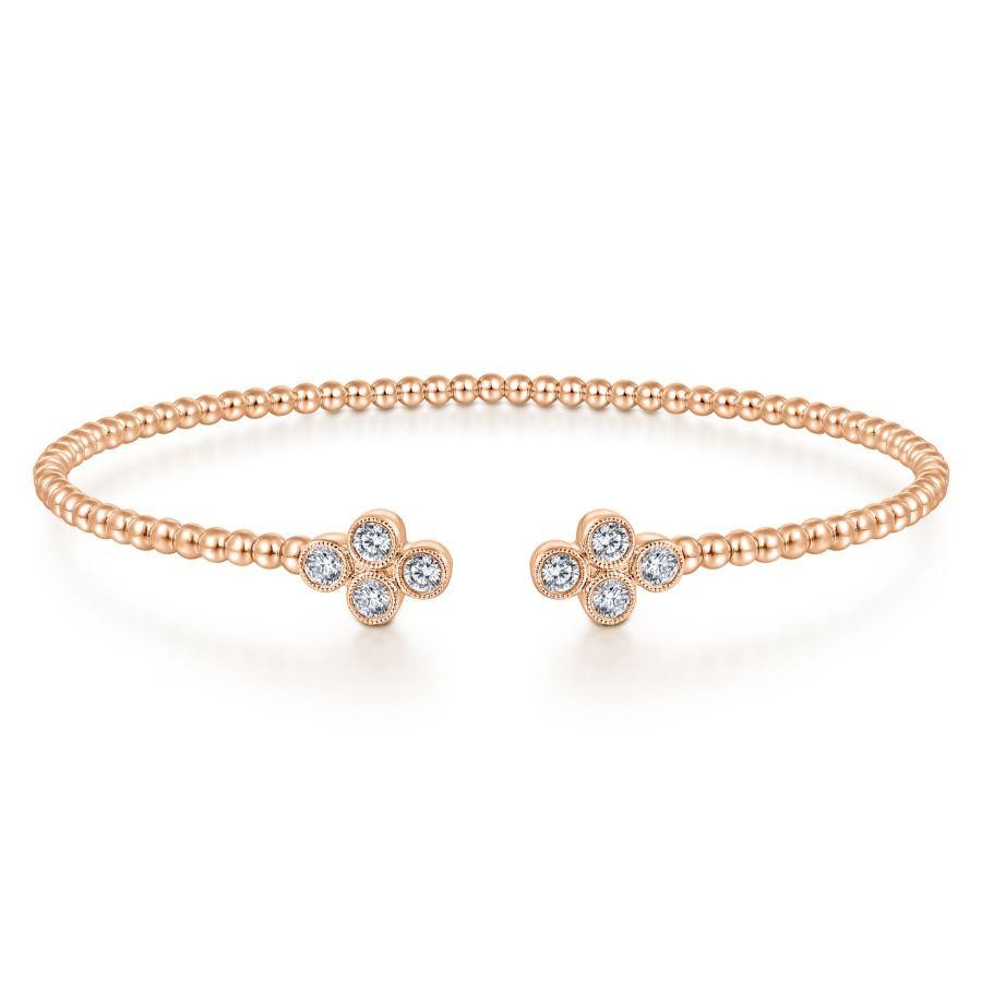 Gabriel & Co. 14K Rose Gold Bujukan Quatrefoil Diamond Endcaps Bead Split Cuff Bracelet