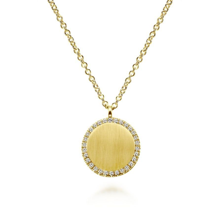 Gabriel & Co. 14K Yellow Gold Engravable Diamond Pendant Necklace with 40 Round Diamonds 0.15CTW H-I SI2