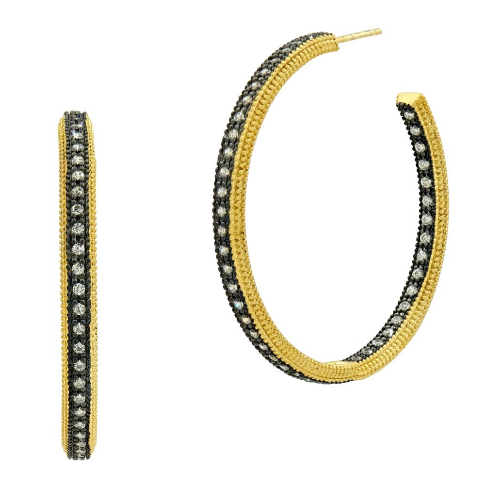 Freida Rothman Sterling Silver 14K Gold and Black Rhodium with Cubic Zirconia Icon Hoops