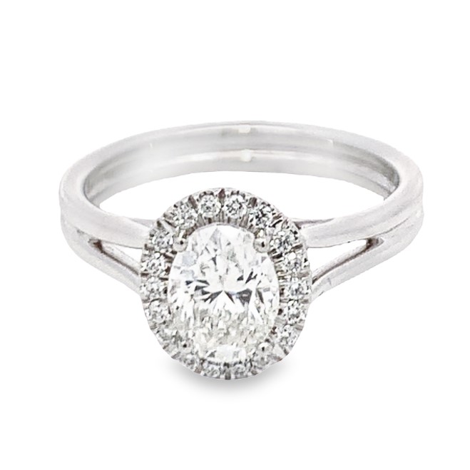 18K White Gold Engagement Ring with 1 Oval Cut Natural Diamond 1.00 TCW I-J SI1 (NO CERT) & 18 Round Brilliant Cut Natural Diamonds .10 TCW