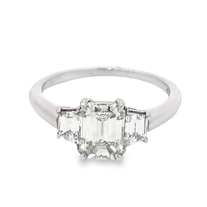 Platinum 3 Stone Diamond Engagement Ring with 1 Emerald Step Cut Natural Diamond Center) 1.24 TCW G-H VS2 & 2 Side Trapezoid Diamonds 0.48 TCW F-G VS1 EGL US54571901D