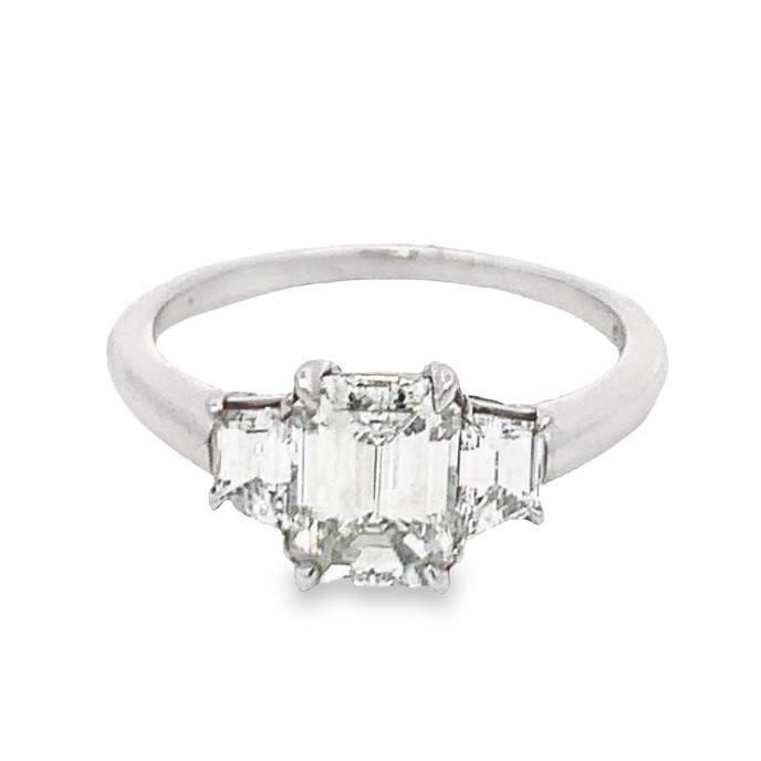 Platinum 3 Stone Diamond Engagement Ring with 1 Emerald Step Cut Natural Diamond Center) 1.24 TCW G-H VS2 & 2 Side Trapezoid Diamonds 0.48 TCW F-G VS1 EGL US54571901D