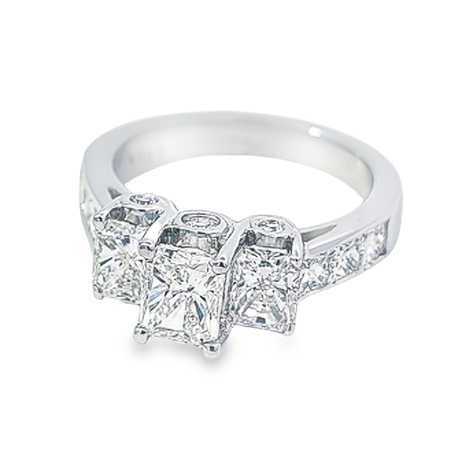 14K White Gold 3 Stone Engagement Ring with 3 Radiant Cut Natural Diamonds 2.07 TCW H-I VS1-SI1 & 6 Princess Cut & 6 Round Natural Diamonds 0.96 TCW I-J VS2-SI2 EGL 400133776D