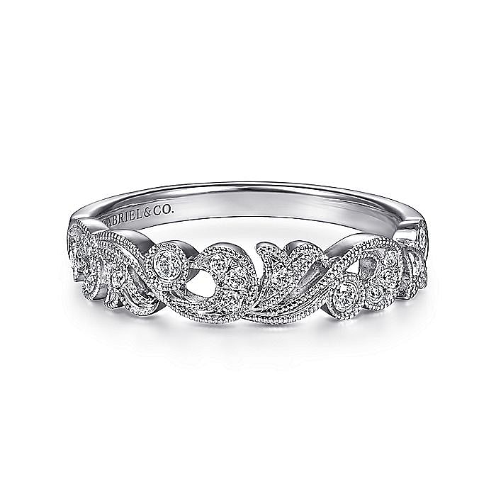 Gabriel & Co. 14K White Gold Floral Stackable Anniversary Band with 16 Round Diamonds 0.14 Tcw H-I SI2