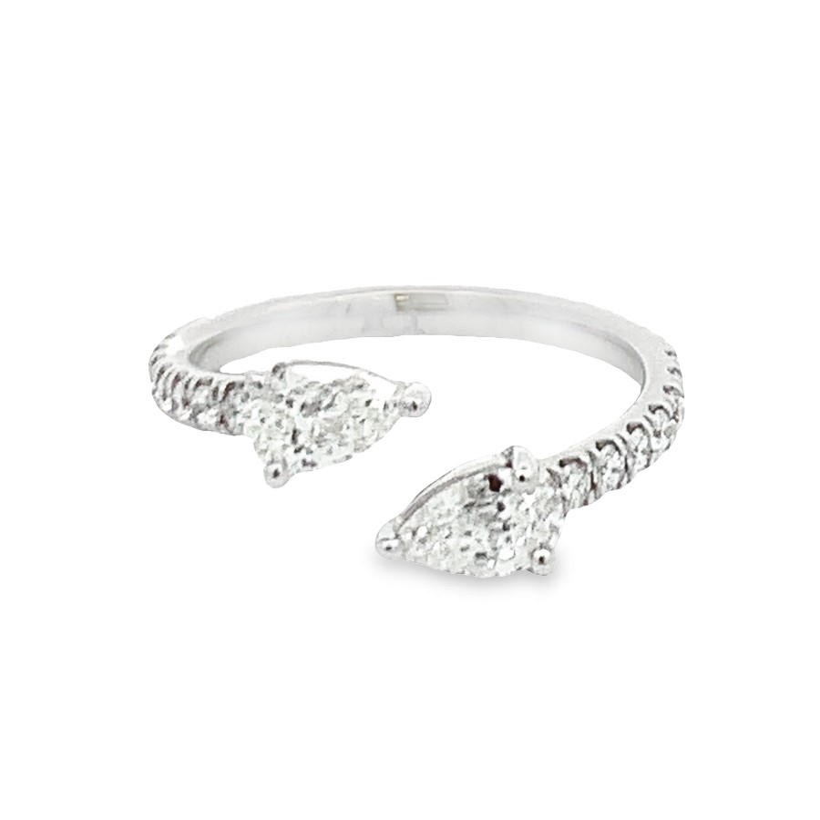Romanza 18K White Gold Ring with 2 Pear Cut Diamonds 0.60 Tcw & 14 Round Diamonds 0.28 Tcw F-G VS