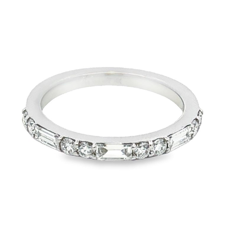 14K White Gold Half Anniversary Band with 3 Baguette Cut Diamonds 0.30 Tcw & 8 Round Diamonds 0.28 Tcw F-G VS