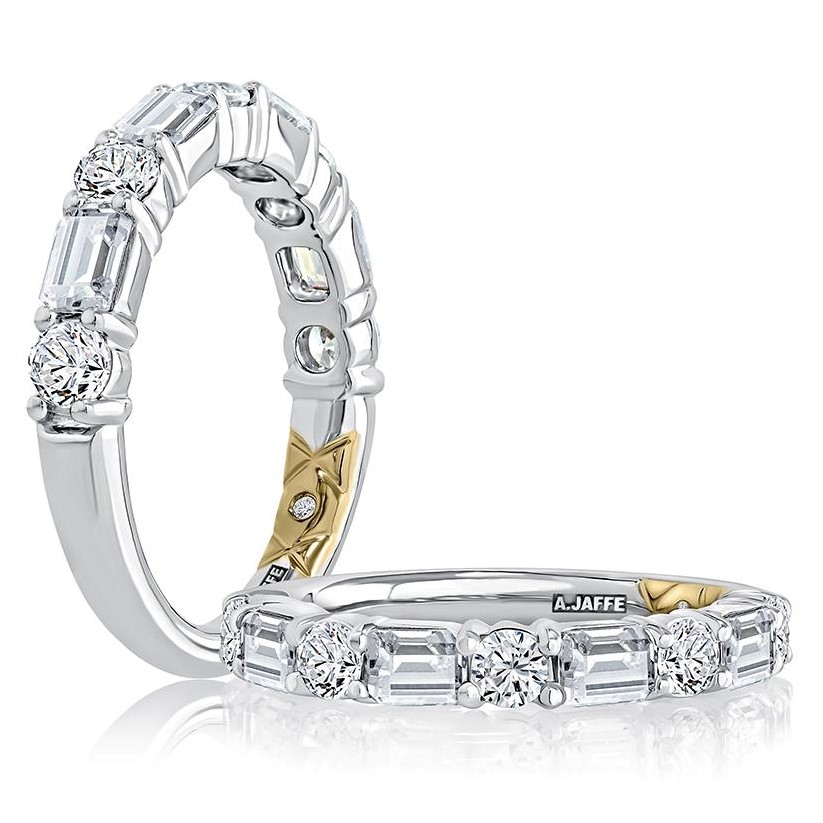 14K White Gold Anniversary Band with 4 Emerald Cut Diamonds 1.00 Tcw & 6 Round Diamonds 0.604 Tcw G-H SI