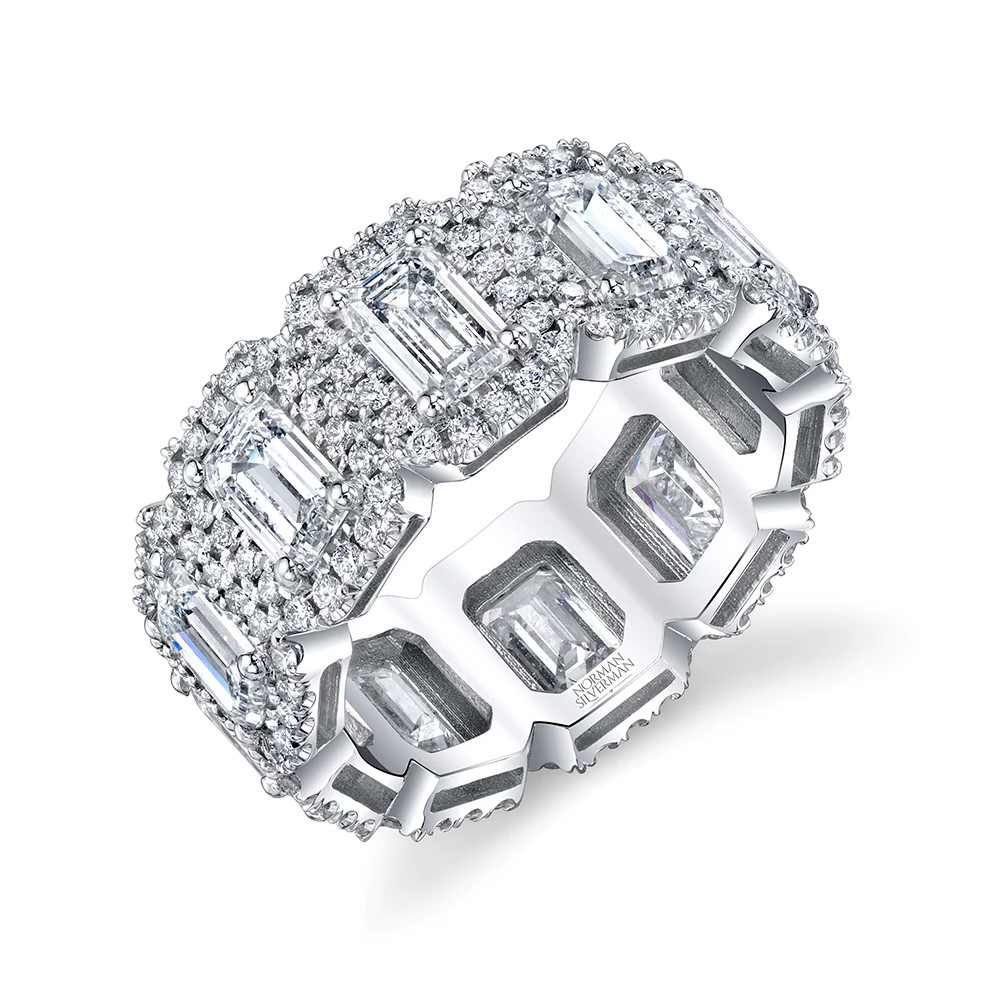 Norman Silverman Platinum Emerald-Cut Diamond Halo Eternity Band with 11 Emerald Cut Diamonds