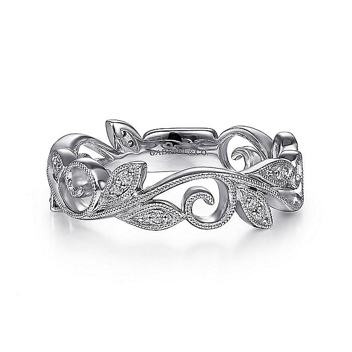 Gabriel & Co. 14K White Gold Stackable Scrolling Floral Diamond Ring