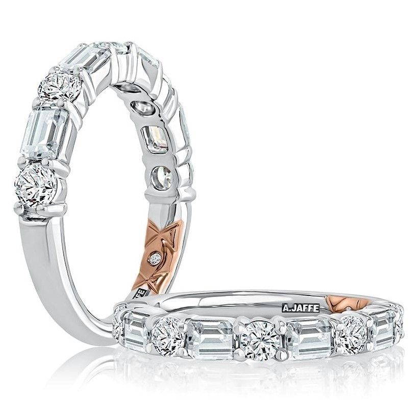14K White Gold Alternating Diamond Anniversary Band with Rose Gold Quilting