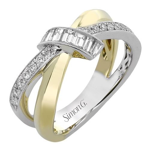 Simon G 18K White & Yellow Ring with 16 Round Diamonds 0.18 Tcw & 7 Baguette Diamonds 0.26 Tcw G-H VS2-SI1