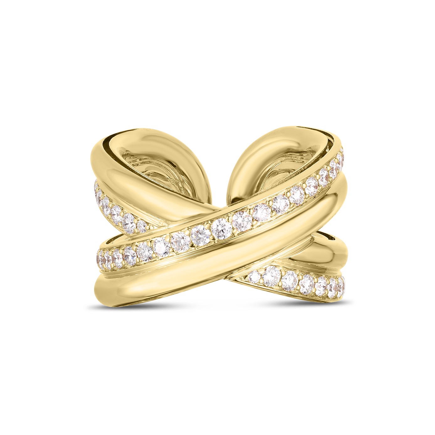 Roberto Coin 18K Yellow Gold Diamond Cialoma Wide Crossover Ring with Round Brilliant Cut Diamonds 0.90 TCW G-H SI