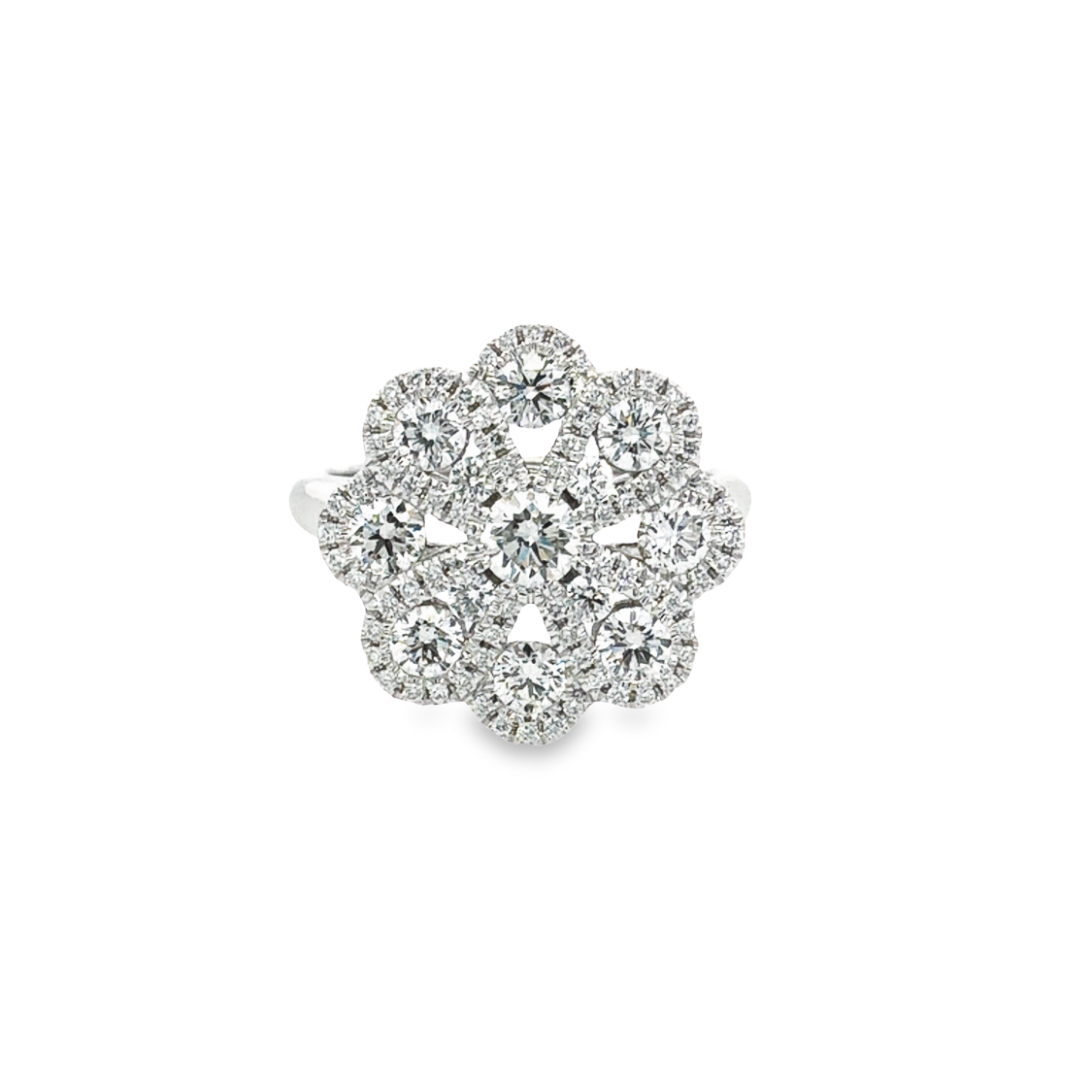 18K White Gold Flower Ring Size 6.75 with 85 Round Diamonds 1.58 ctw G-H SI1-SI2