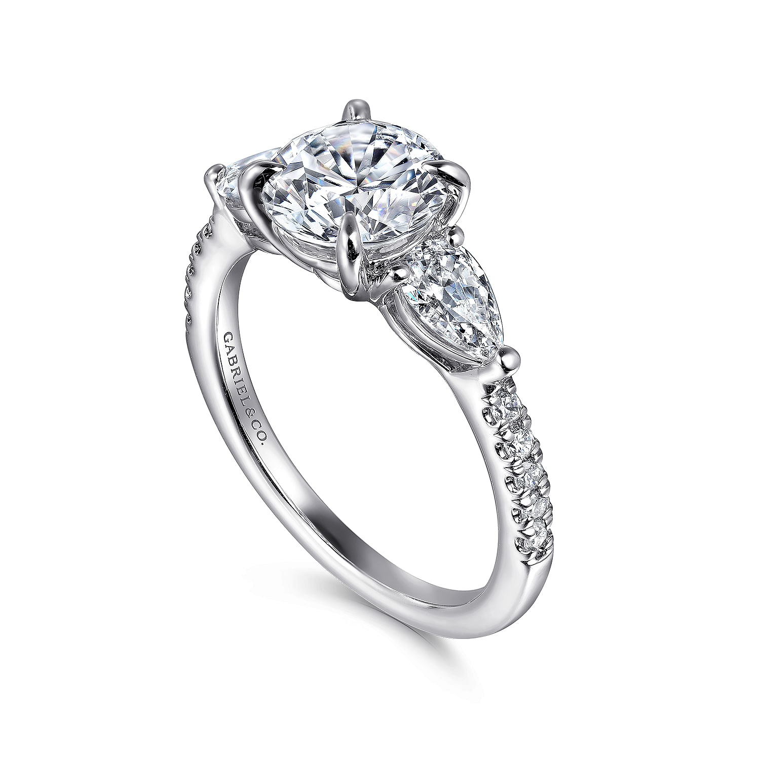 Gabriel & Co. 14K White Gold Semi Mount with 2 Pear Cut & 10 Round Diamonds 0.74 TCW G-H SI2  & CZ Center