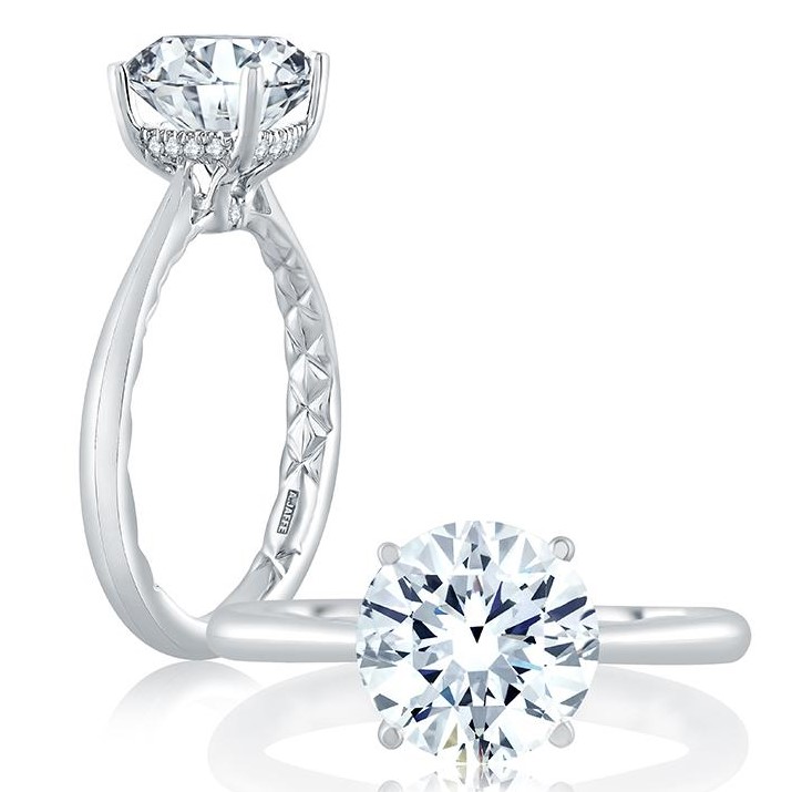 A. Jaffe Platinum Solitaire Semi Mount with 18 Round Brilliant Cut Diamonds 0.07 TCW G-H VS
For 3.00 TCW Round Center Stone