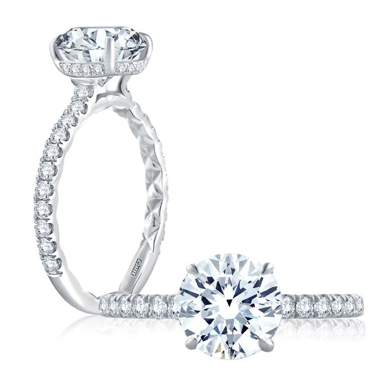 A. Jaffe 14K White Gold Semi Mount with 42 Round Brilliant Cut Diamonds 0.46 TCW G-H SI 
For 2.5 TCW Round Center Stone