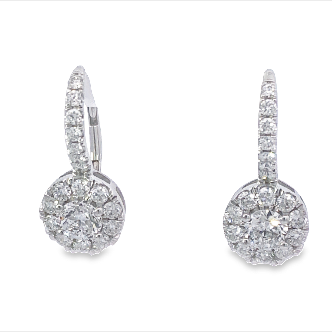 14K White Gold Diamond Lever Cluster Earrings