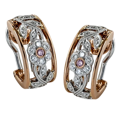 Simon G Diamond Earrings  with 28 Round Diamonds 0.21 Tcw G-H VS2-SI1 & 2 Round Pink Diamonds 0.04 Tcw