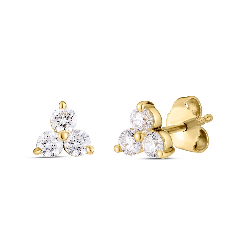 Roberto Coin 18K Yellow Gold 3 Stone Cluster Stud Earrings with 3 Round Diamonds 0.55 TCW G-H SI