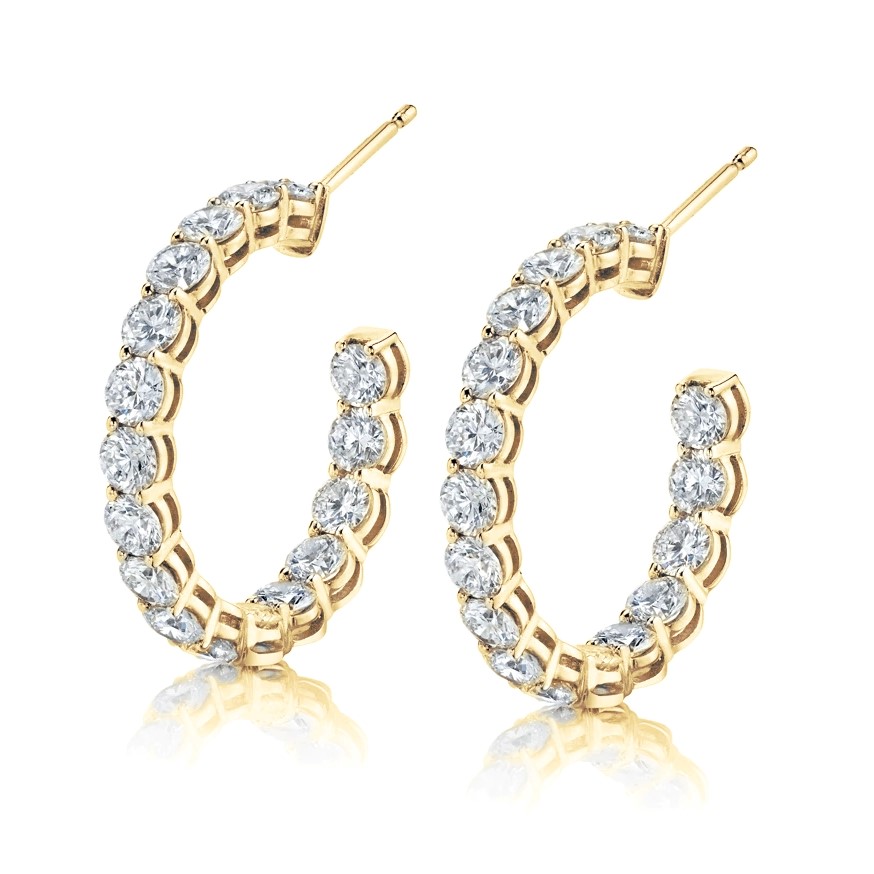 Norman Silverman 18K Yellow Gold Hoop Earrings with 34 Round Brilliant Cut Diamonds 4.98 TCW G-H VS