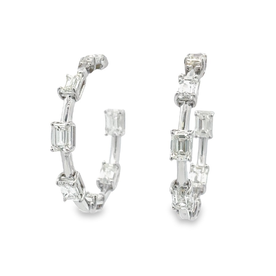 Norman Silverman 18K White Gold Hoop Earrings with 14 Emerald Cut Diamonds 3.39 TCW G-H VS