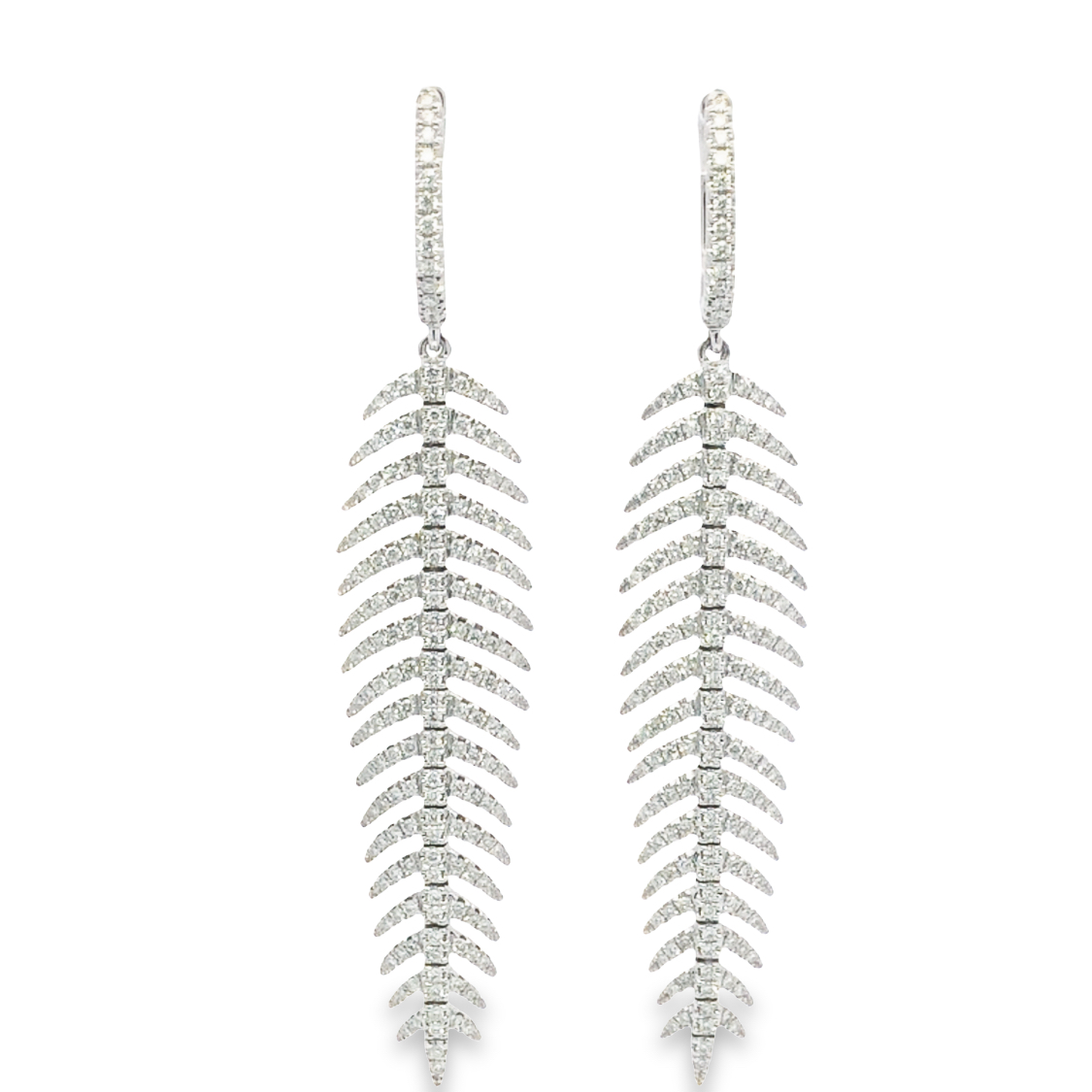 18K White Gold Diamond Feather Style Dangling Earrings