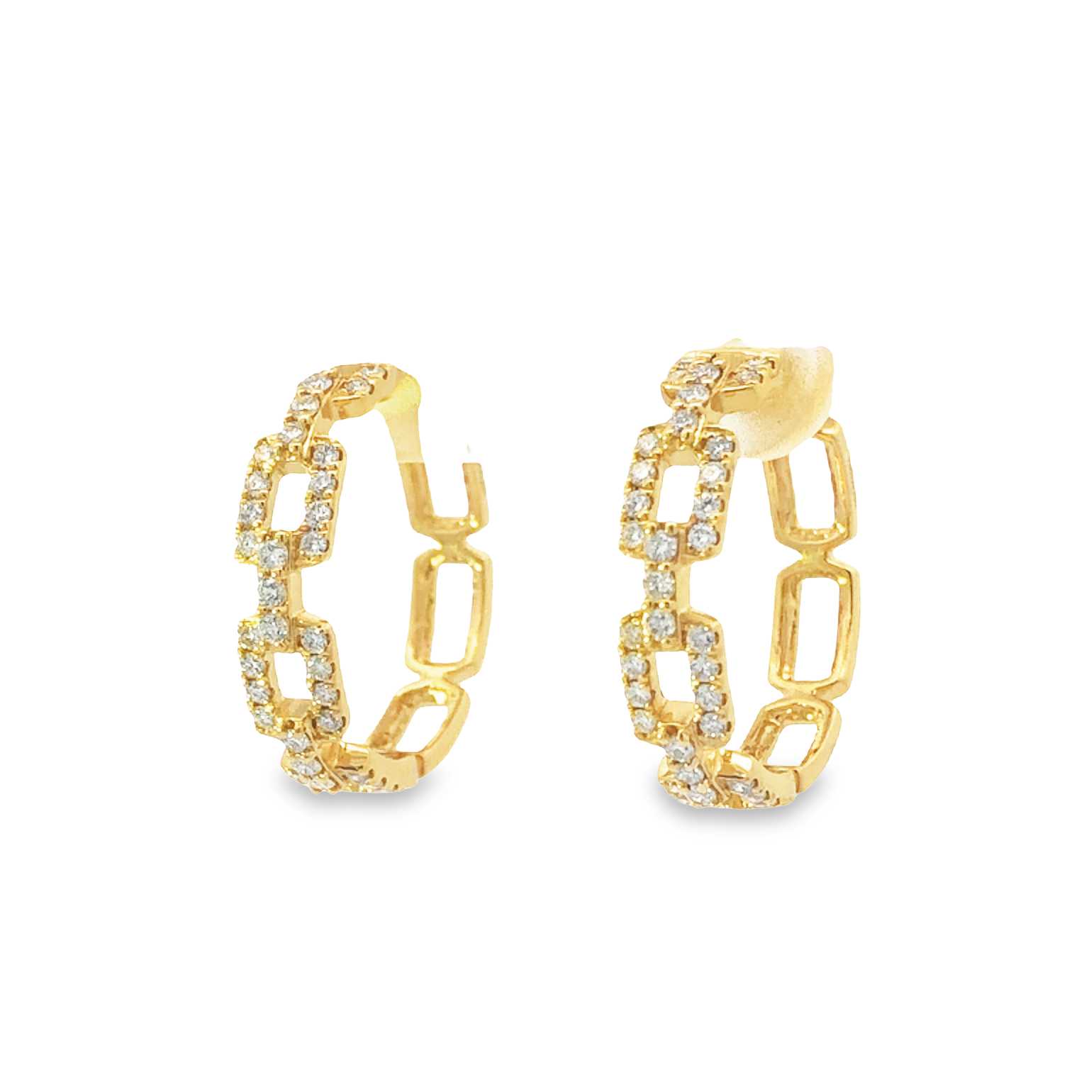 18K Yellow Gold Link Style Diamond Hoop Earrings