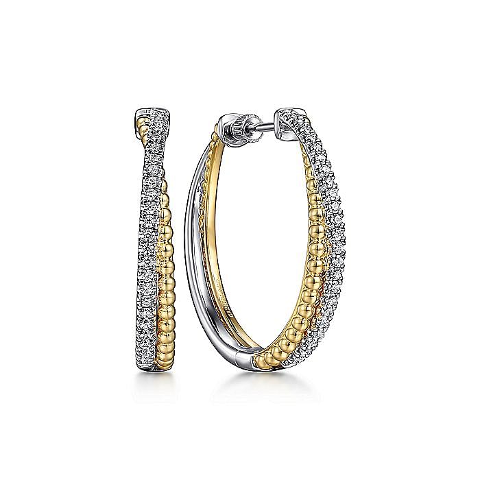 Gabriel & Co. 14K White and Yellow Gold Diamond Bujukan Intricate 35mm Hoop Earrings