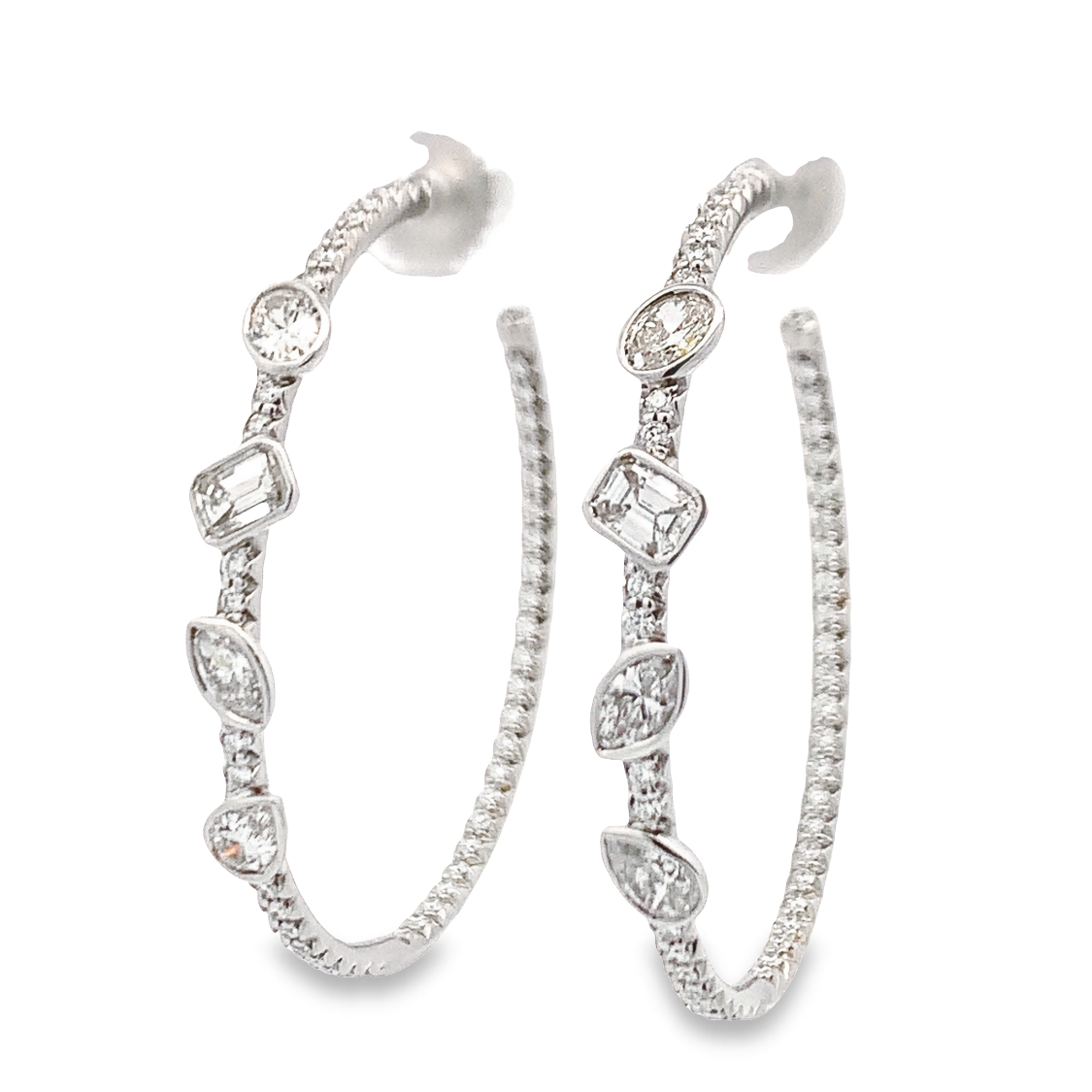 Norman Silverman 18K White Gold Diamond Fancy Shape Oval Hoop Earrings with 8 Fancy Shape Diamonds
