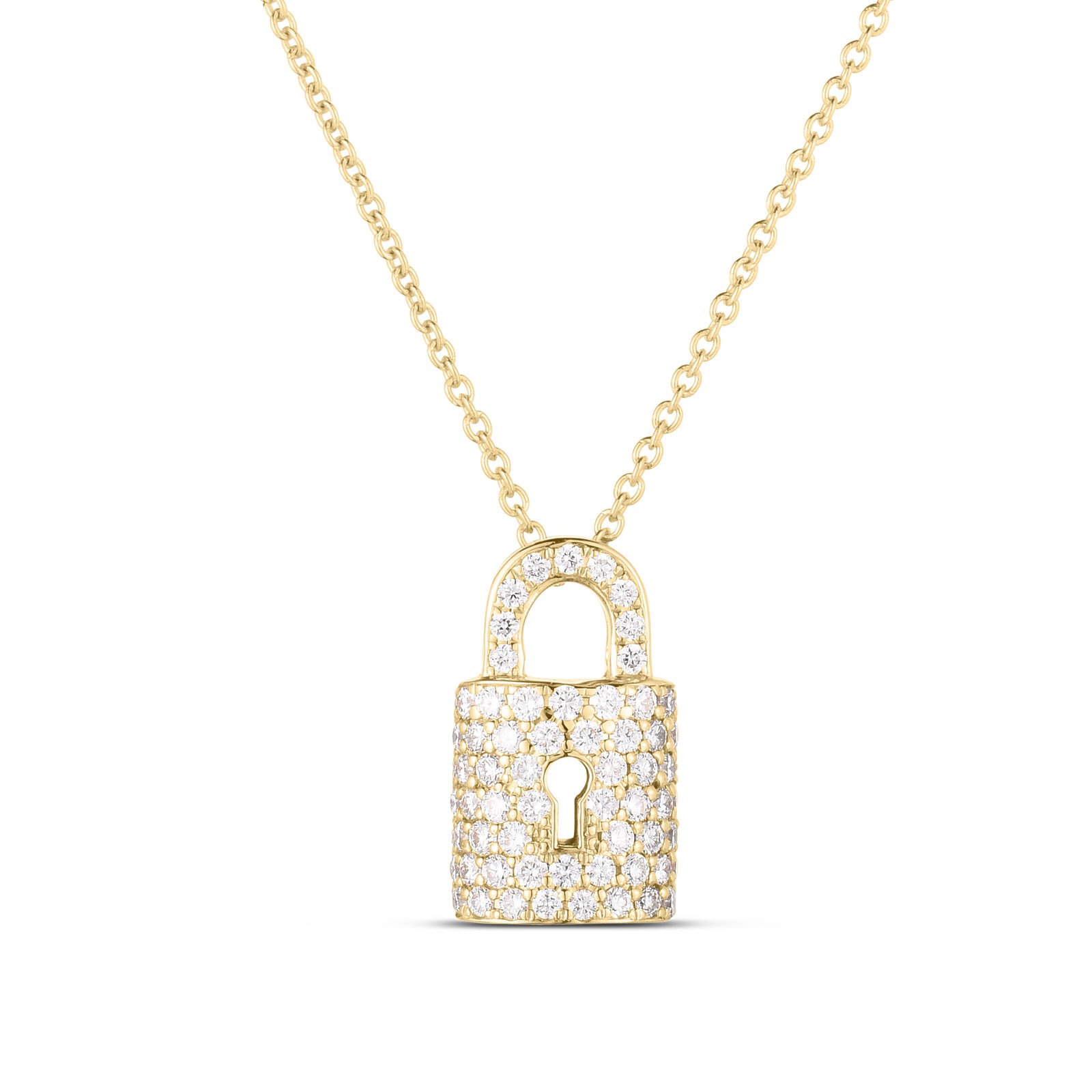 Roberto Coin 18K Yellow Gold Diamond Lock Charm 16 Necklace with Round Diamonds 0.30 Tcw G-H SI