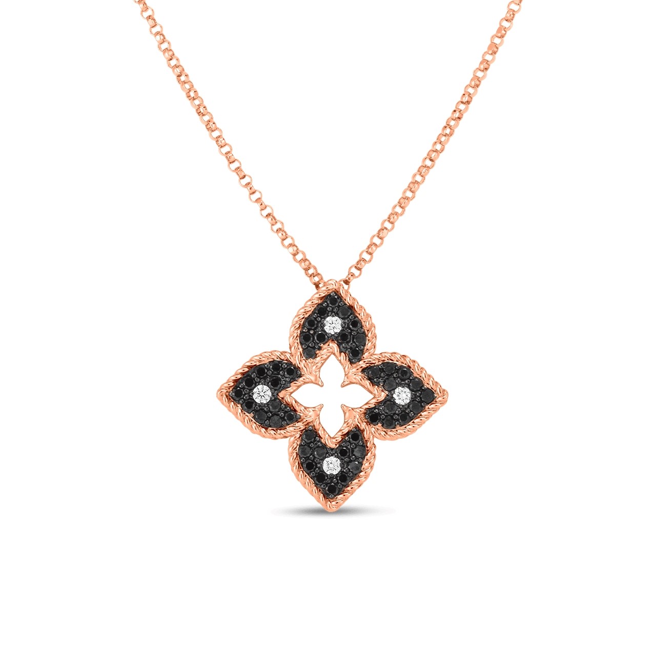 Roberto Coin 18K Rose Gold Venetian Princess Black and White Diamond Flower Pendant Necklace