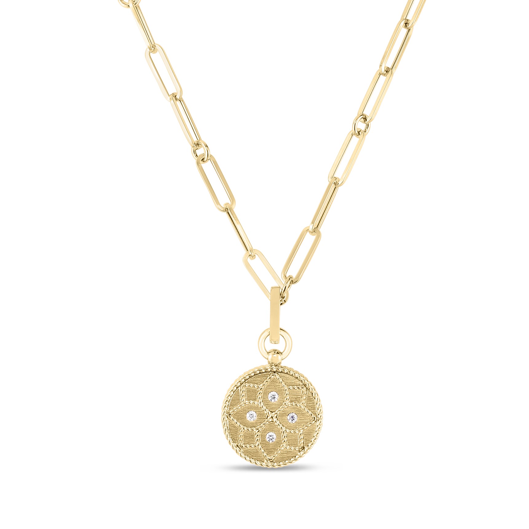 Roberto Coin 18K Yellow Gold Venetian Princess Small Diamond Medallion with 4 Round Diamonds G-H SI on PaperClip Necklace