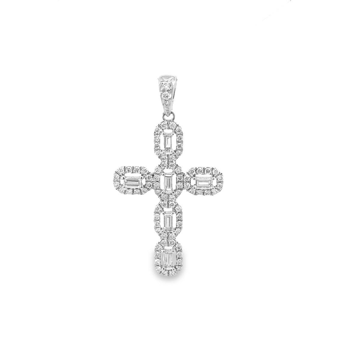 18K White Gold Diamond Cross Pendant with 75 Round Diamonds 0.33ctw and 6 Baguette Diamonds 0.21ctw F-G VS1-VS2