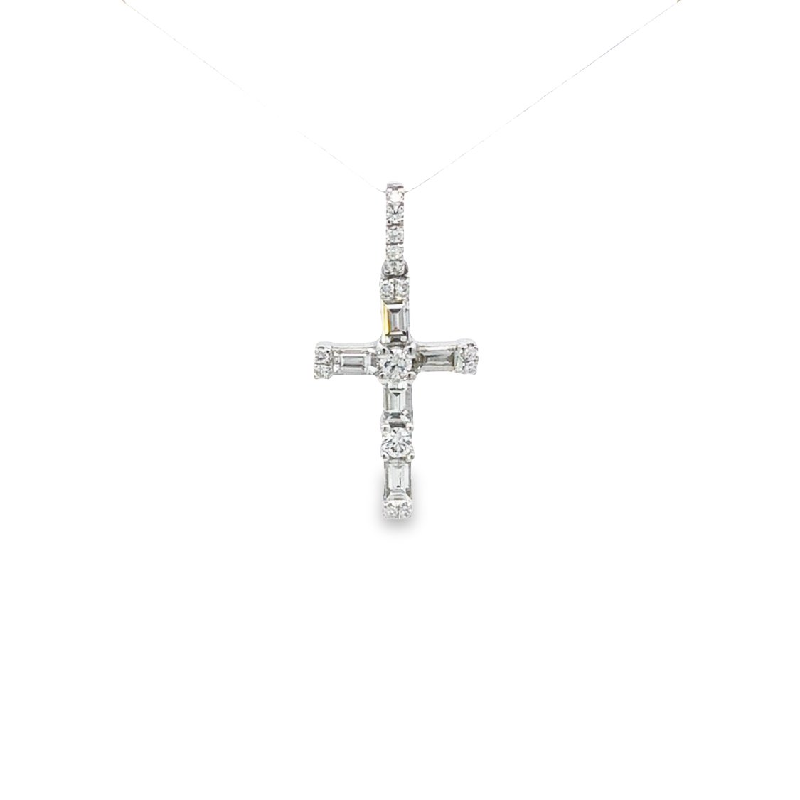 18K White Gold Diamond Cross Pendant with 15 Round Diamonds 0.10ctw and 5 Baguette Diamonds 0.29ctw G-H VS1-VS2