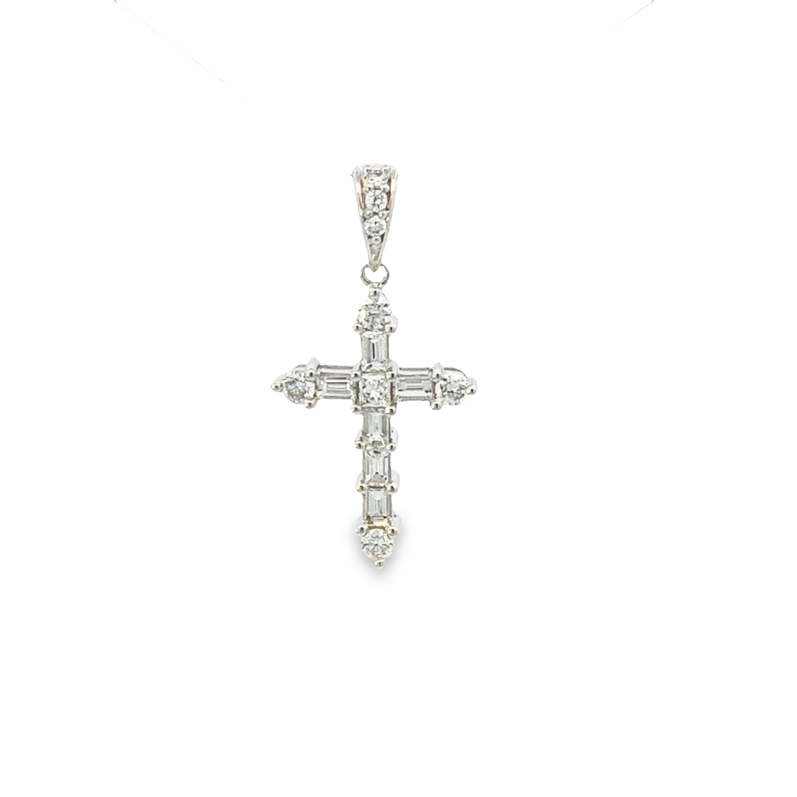 18K White Gold Diamond Cross Pendant with 1 Princess Cut Diamond 0.04ct, 7 Round Diamonds 0.17ctw, and 6 Baguette Diamonds 0.24ctw F-G VS1-VS2