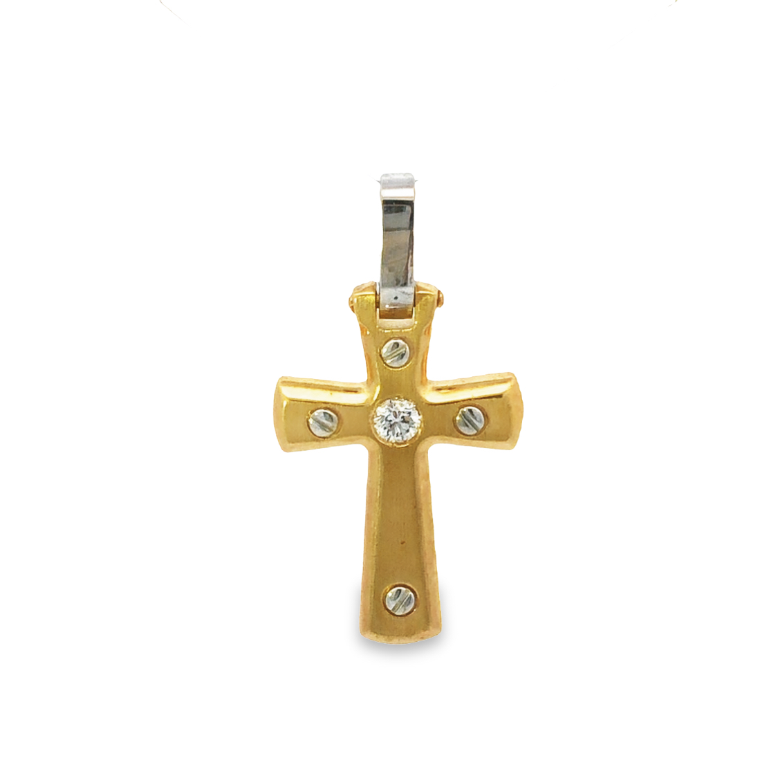 18K Yellow and White Gold Diamond Cross Pendant with 1 Round Diamond 0.13ct