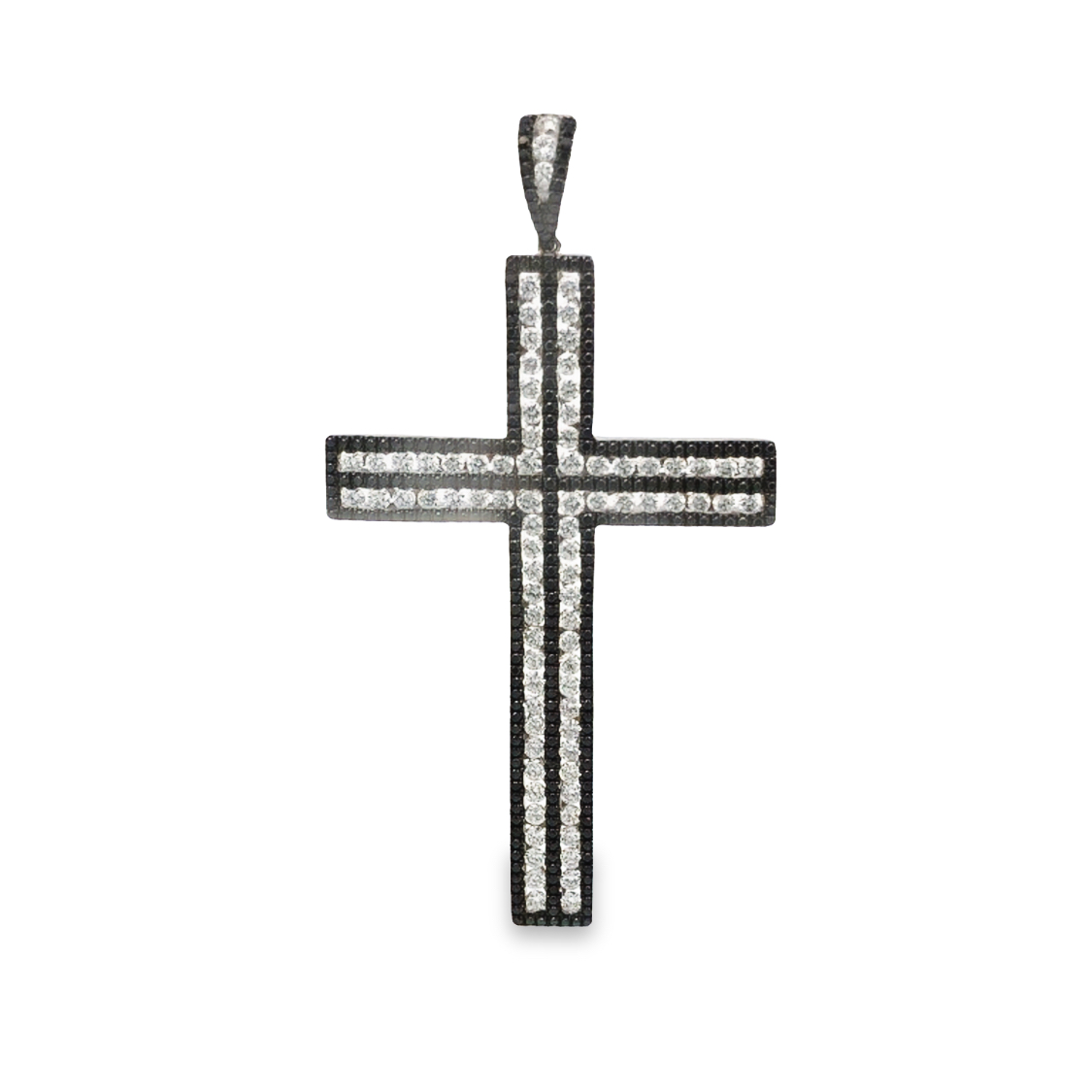 18K White Gold Diamond Cross Pendant with 283 Round Black Diamonds 0.82ctw and 86 Round Diamonds 1.76ctw G-H SI1-SI2