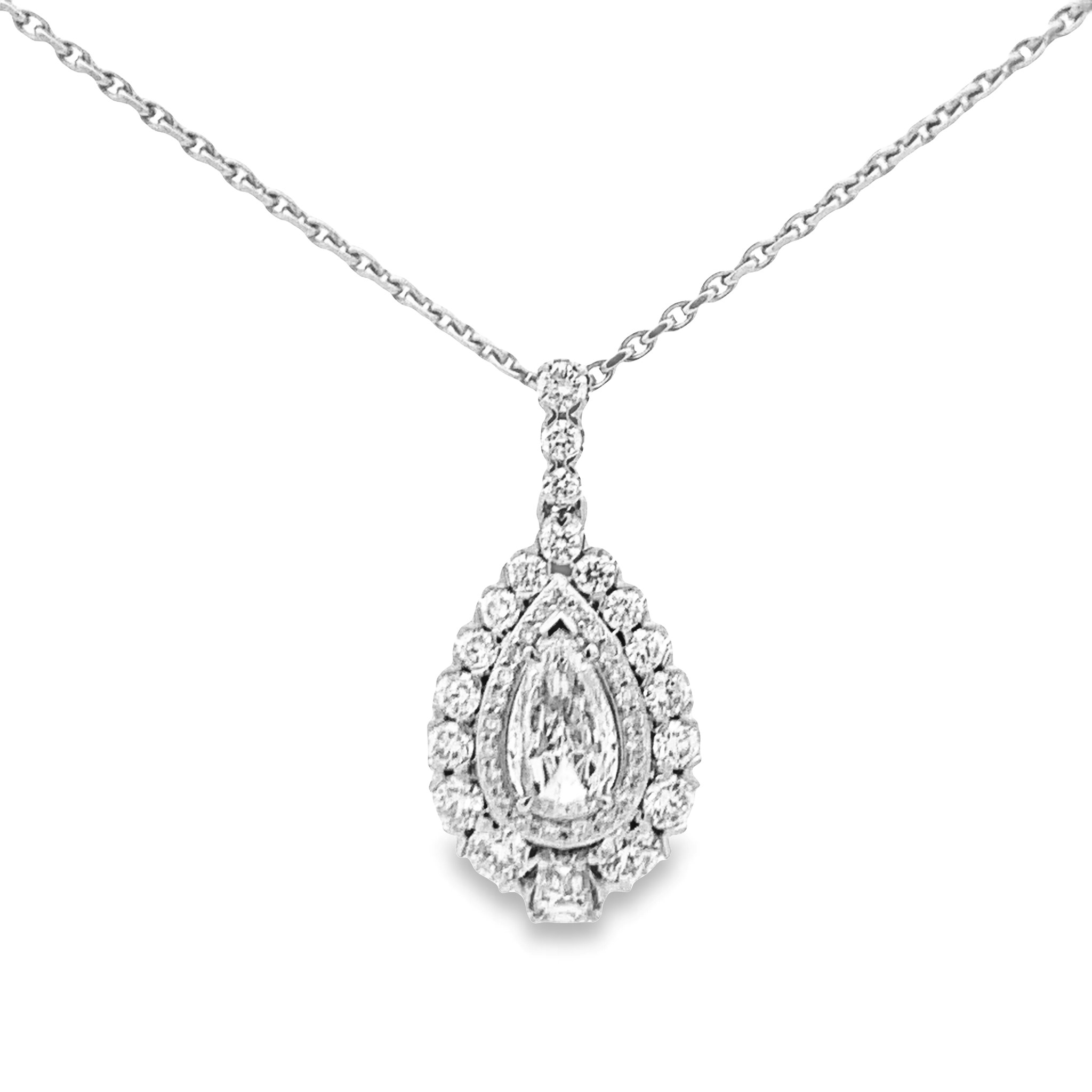 Christopher Designs 18K White Gold Diamond Pear Halo Pendant Necklace