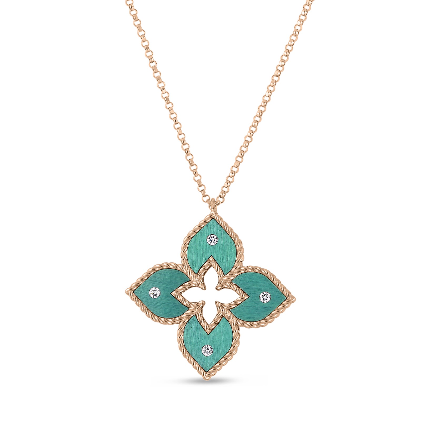 Roberto Coin 18K Rose Gold Venetian Princess Small Green Titanium and Diamond Flower Necklace