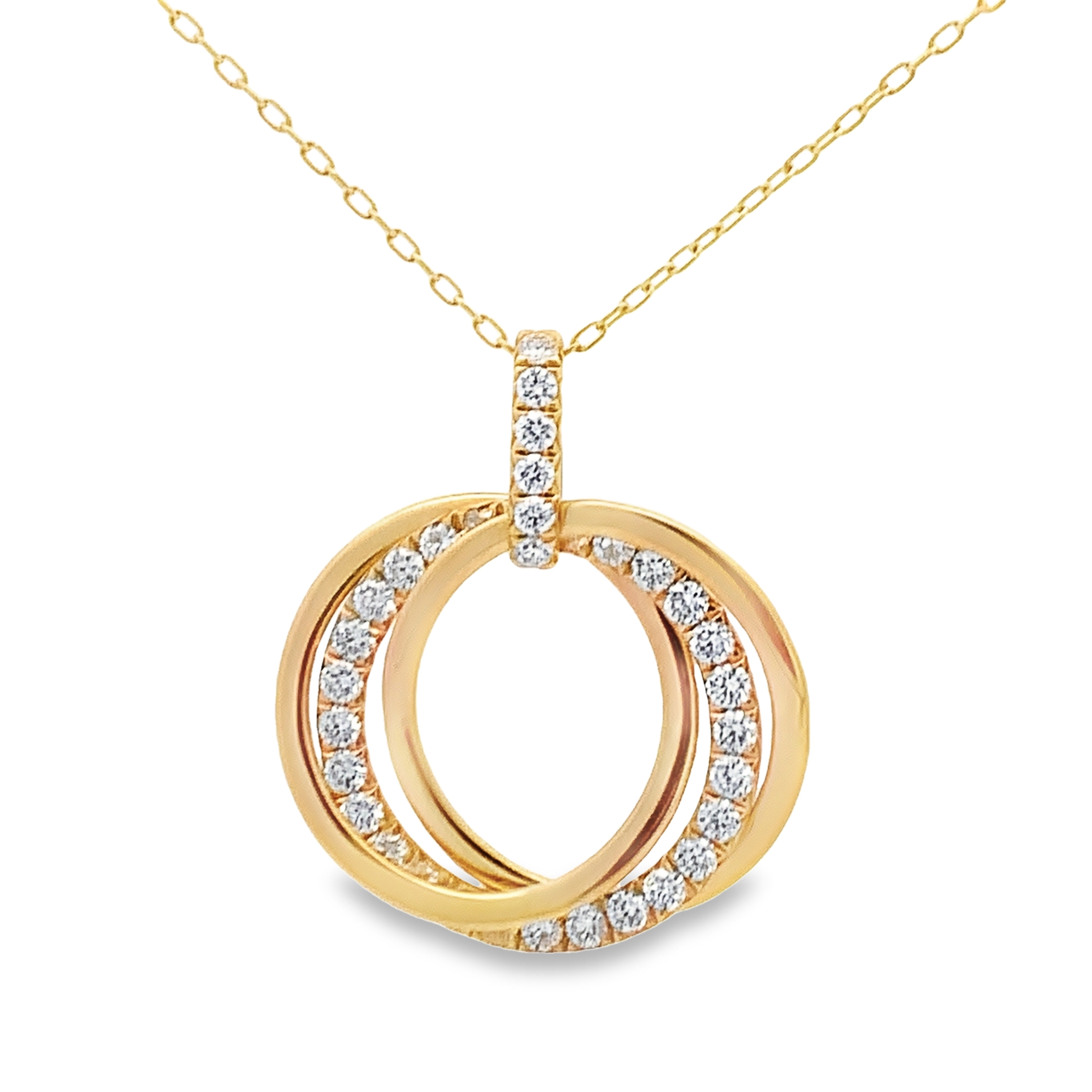 18K Yellow Gold Diamond and Polished Interlocking Circle Pendant Necklace