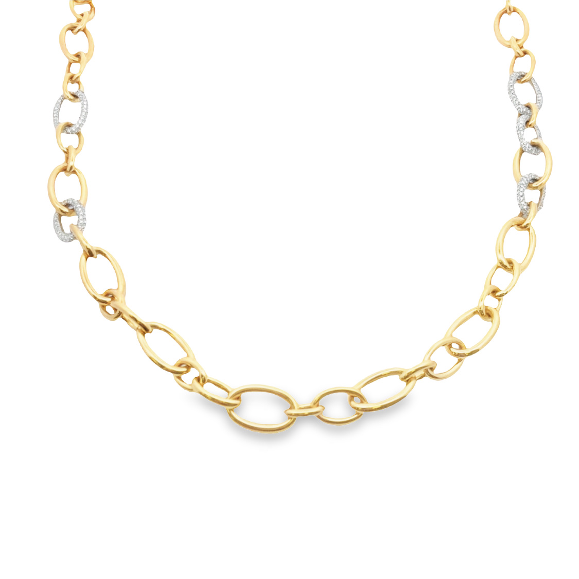 18K Yellow and White Gold Diamond Oval Link Necklace
