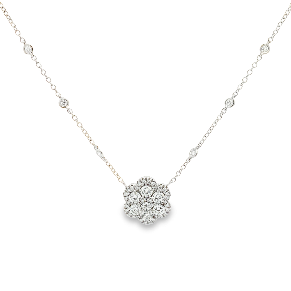 Damaso 18K White Gold Diamond Flower and Diamonds by the Yard Necklace