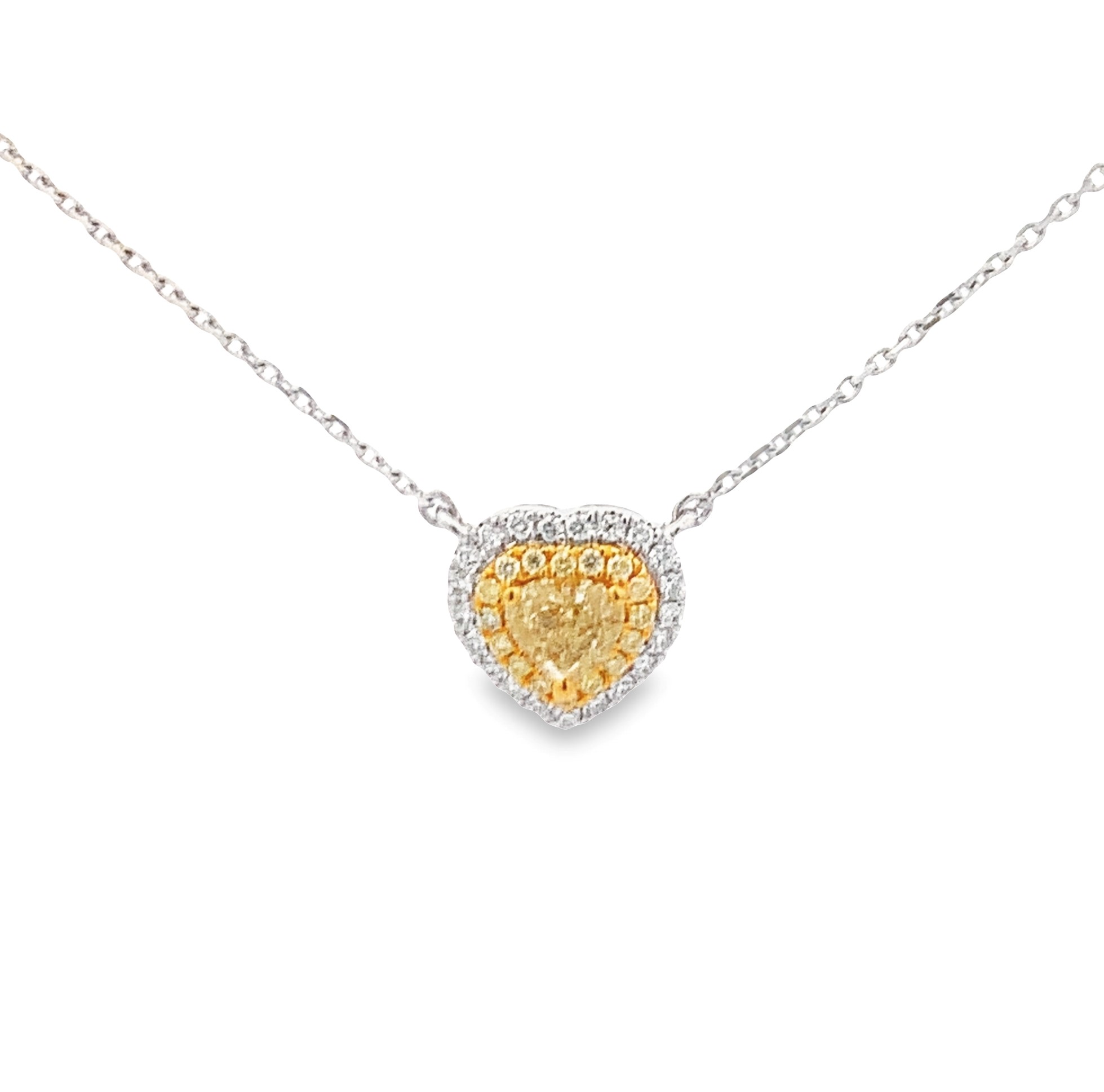 14K White & Yellow Gold Diamond Heart Necklace 18 with 1 Heart Cut Yellow Diamond
