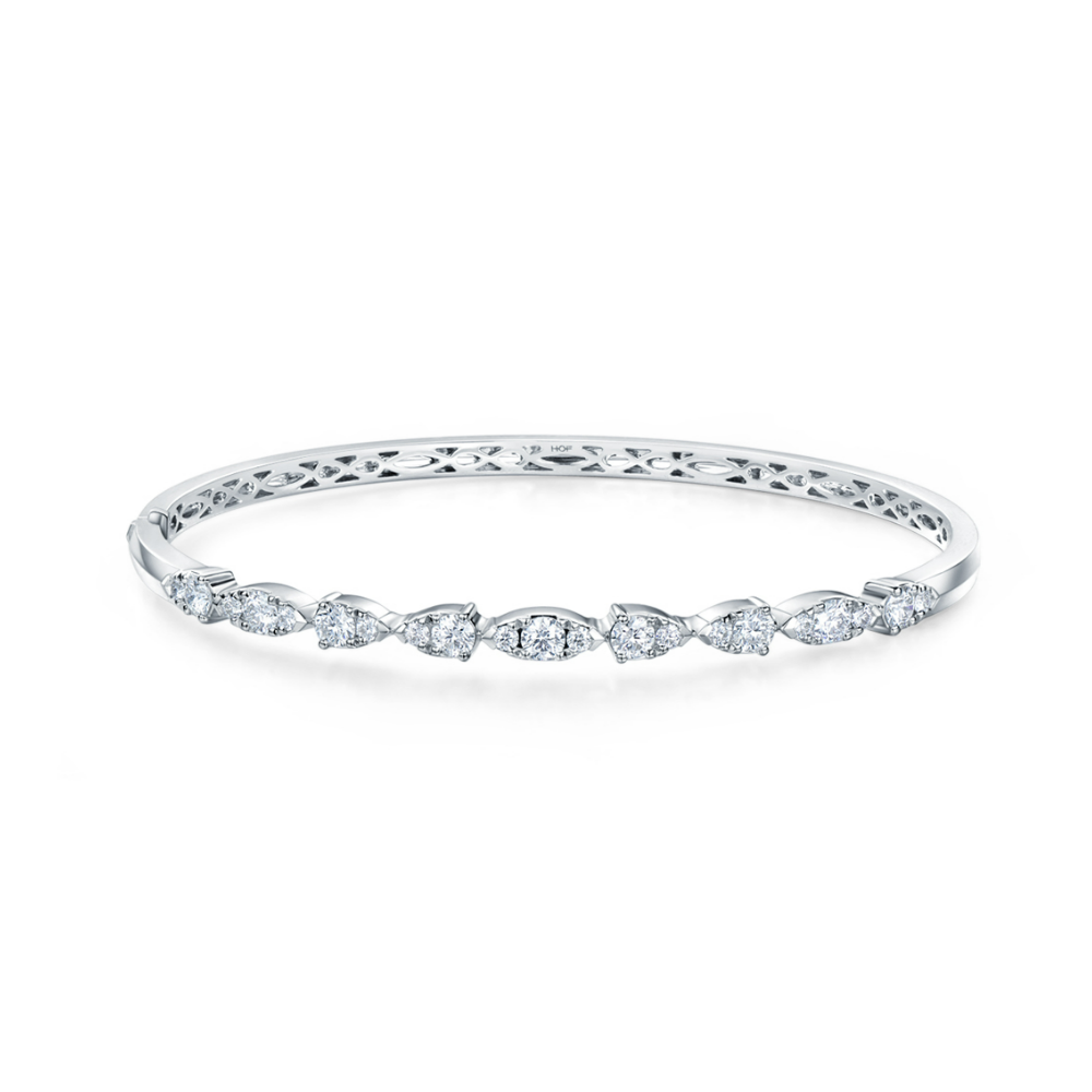 Hearts on Fire 18K White Gold Aerial Dewdrop Bangle Bracelet with 21 Round Diamonds 1.19 Tcw G-H VS-SI - Size M