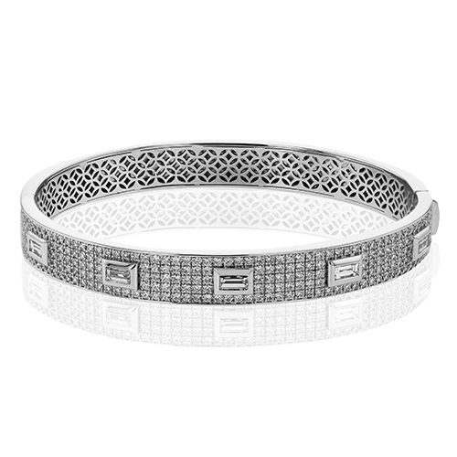 Simon G 18K White Gold Bangle with 220 Round Diamonds 2.01 Tcw & 5 Baguette Diamonds 0.68 Tcw G-H VS2-SI1