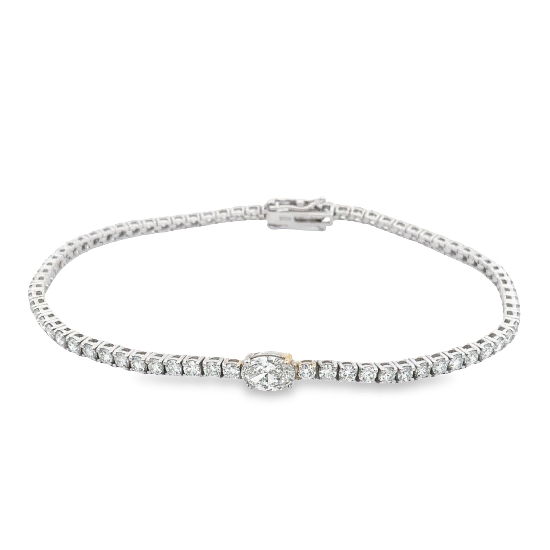 Norman Silverman 18K White Gold Bracelet with 1 Oval Cut Diamond 0.50 TCW F SI1 & 73 Round Brilliant Cut Diamonds 2.78 TCW G-H VS