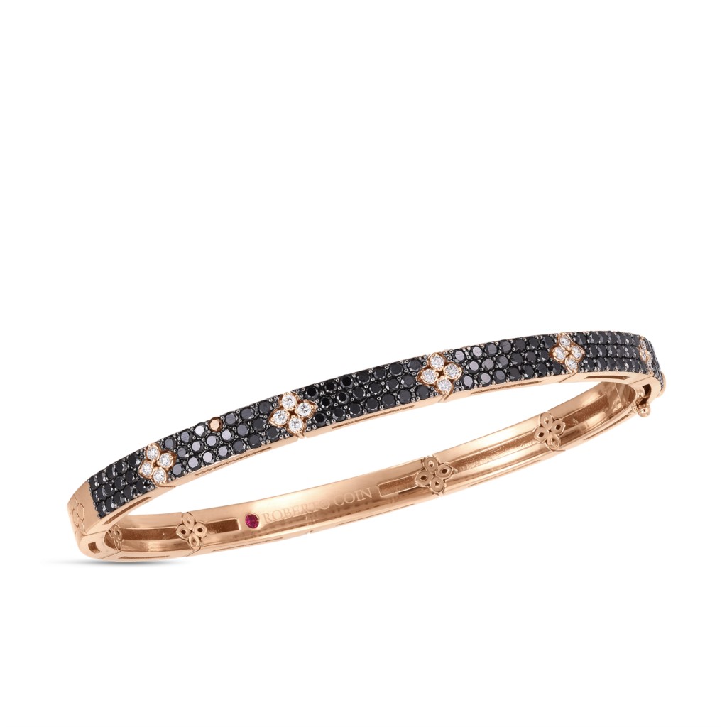 Roberto Coin 18K Rose Gold Love in Verona 48X58 Bangle Bracelet with White & Black Diamonds 1.87 Tcw G-H SI